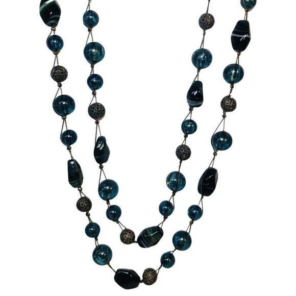 Liz Claiborne Women’s Green Glass Beaded Silver Tone Long Vintage Necklace 60’ - Picture 4 of 6